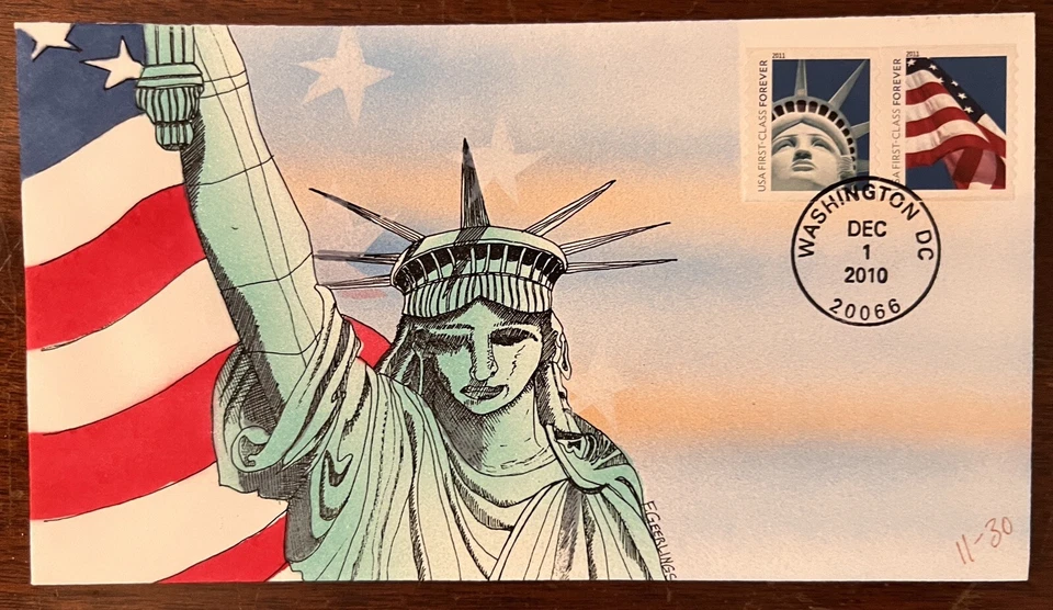 Geerlings 2010 Statue of Liberty and US Flag hand painted FDC forever stamps. - Image 1 of 1