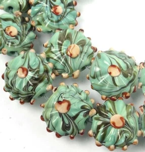 6 Handmade Lampwork Handmade Glass Green Rain Forest Lentil Beads 20mm - Picture 1 of 4