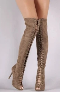 Wild Diva Knee Taupe Tan High Lace Up Stiletto Gladiator Size 9 - Picture 1 of 6