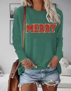 NWT WOMEN'S CHRISTMAS LETTER PRINT LONG SLEEVE T-SHIRT- GREEN- SMALL (4) - Picture 1 of 4
