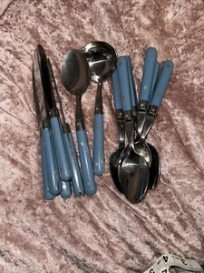 Vintage Carnival Stainless Flatware ‘WESLEY’ blue 14 Pcs Knife Spoon Serving - Picture 1 of 2
