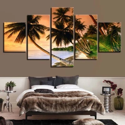 Sea Beach Palm Trees Sunset Seascape Canvas Prints Painting Wall Art Decor 5PCS - Image 1 of 4