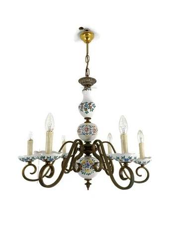 Chandelier 6 Arms Lights Ceramic Porcelain Pink Flowers Mid Century Italy Vintag Cover