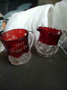 Antique RUBY FLASH Buttons & Arches SOUVENIR MUG CUP and Ruby Flash Creamer - Picture 1 of 10
