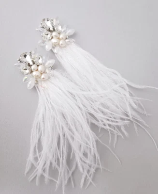 Women's New Long White Ostrich Feather Wedding Soutache Earrings with Pearl - Image 1 of 3