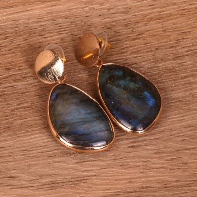 Natural Labradorite Gemstone Gold/Rhodium Plated Handmade Designer Earring US - Image 1 of 4