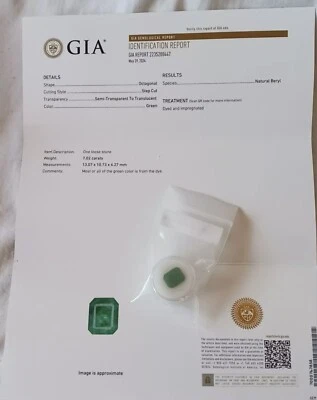 GIA Certified 7.02 Ct  Loose Green Natural Beryl, Emerald Shape Gemstone  - Image 1 of 4