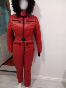 Snowsuit Ski Red Black Suit Size M Faux Fur Hood Belted Jumpsuit Cute Woman's - Picture 1 of 21