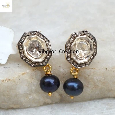 Pave Diamond Polki Earrings Gold Plated 925 Sterling Silver Minimalist Jewelry - Image 1 of 4