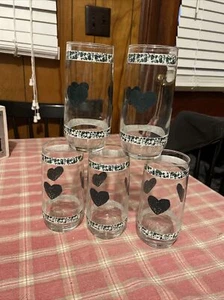 (5) TIENSHAN Folk Art Green Sponge Hearts 16OZ Glasses/Tumblers RARE MCM - Picture 1 of 9