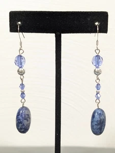 Boho Coastal Blue Sodalite Stone Stacked Bead Dangle Earrings - Picture 1 of 8