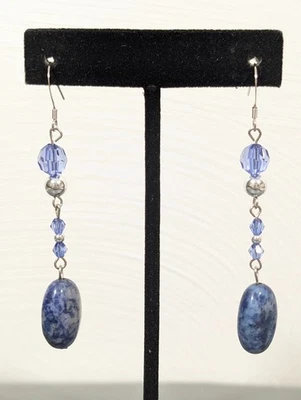 Boho Coastal Blue Sodalite Stone Stacked Bead Dangle Earrings - Image 1 of 4