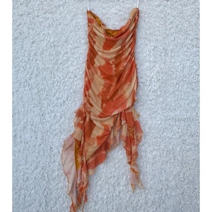 Bodycon arancione tie dye maglia senza spalline asimmetrico increspato orlo fazzoletto grande - Foto 1 di 4