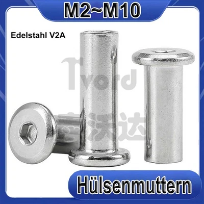 Hülsenmuttern Edelstahl V2A mit Flachkopf Innensechskant M2 M3 M4 M5 M6 M8 M10 - Bild 1 von 4