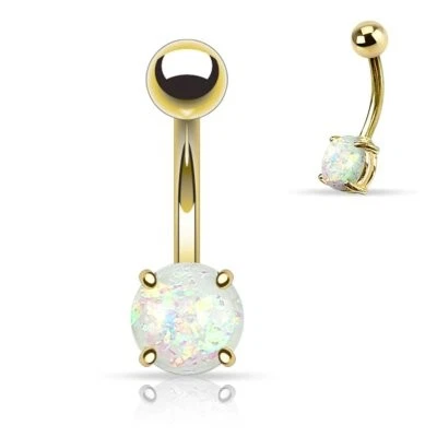 Belly Button Ring Navel Lab Opal Glitter Prong Gold IP 316L Surgical Steel - Image 1 of 3