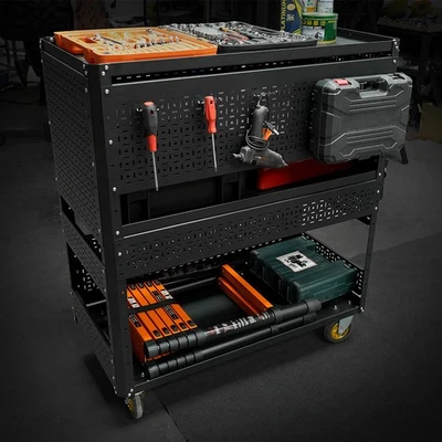 Steel Pegboard Foldable Rolling Tool Cart +Wheels Garage Organizer Tool Storage - Image 1 of 4