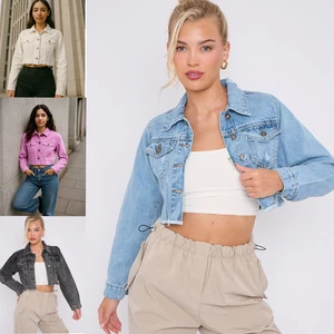 Womens Denim Jacket with Pockets Jeans Crop Jackets Size 6 8 10 12 Distressed - Picture 1 of 13