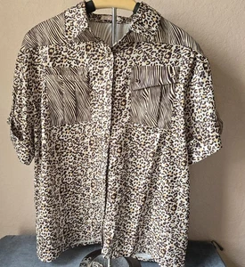 La’ Ros Womens Leopard Zebra Print Button Up Shirt Blouse L Animal Pattern Y2K - Picture 1 of 6