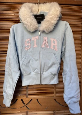 XS GAP x Sandy Liang звезда веганский мех отделки укороченный молнии синий толстовка с капюшоном, стразы 90-х - Изображение 1 из 4