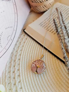 collana albero della vita con pietra quarzo rosa acciaio inossidabile - Imagen 1 de 1
