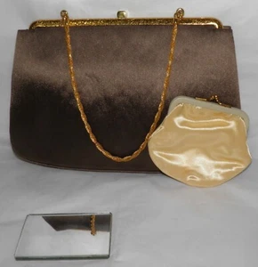 Vintage 1960s TWIFAILLE by ROSENFELD Brown Satin Evening Bag w/ Mirror & Purse - Picture 1 of 5