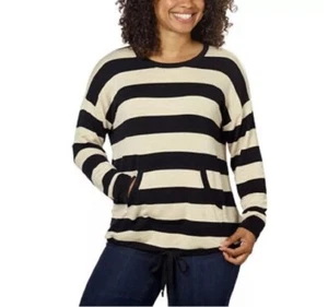Kensie French Terry Crew Pullover Shirt L Stripe Kangaroo Long Sleeve Drawstring - Picture 1 of 11