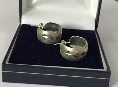 Sterling Silver 925 Satin Brushed Diamond Cut Wedding Band Ring Hoop Earrings B - Image 1 of 4