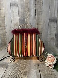 Whimsical Stripe Beaded Handle Feather Purse Night Light Home Decor Lamp