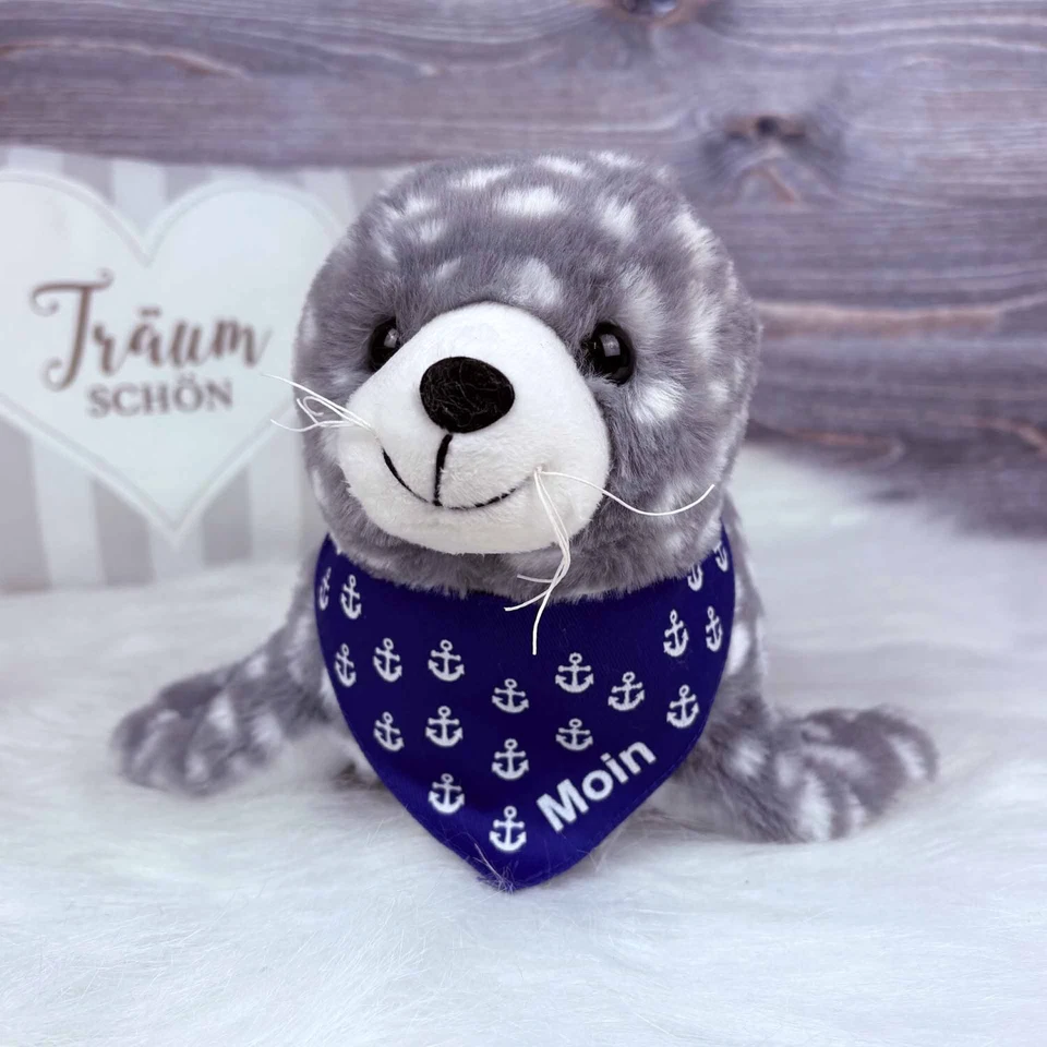 Plüsch Seehund grau-weiß mit Tuch Anker Moin 33cm Kuscheltier Robbe maritim - Bild 1 von 3