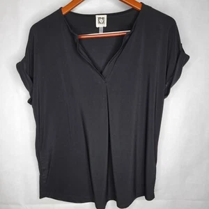 Anne Klein Top Black Split Neck Short Rolled Tab Cuffed Sleeves Relaxed Office S - Picture 1 of 19