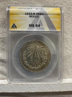 Moneda de plata de 1 peso de México 1933 M Anacs MS64 Foto 1 de 3