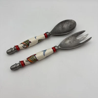 Pier 1 Serveware Set Salad Spoon And Fork Koi Fish Design Ceramic Handles - Image 1 of 4