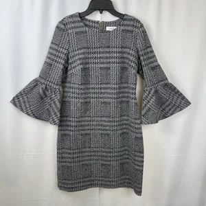 Calvin Klein Kleid Damen 8 schwarz strukturiert kariert Etuikleid Glockenärmel Stretch Mini - Bild 1 von 9