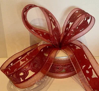 Vintage French Ribbon Sheer Burgundy Copper Edge Cutout Design Width 1-1/2” 5 Yd - Image 1 of 2