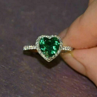 2.20Ct Heart Cut Lab-Created Green Emerald Engagement Ring 14K White Gold Plated - Image 1 of 4