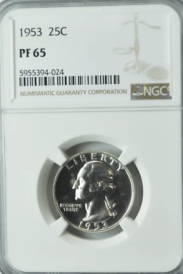 1953 25c Washington Proof Silver Quarter Dollar NGC PF65 FS-901 Recut Feathers - Image 1 of 2