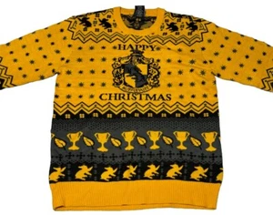 Harry Potter Happy Christmas Sweater Hufflepuff Yellow Black Size Medium - Picture 1 of 7