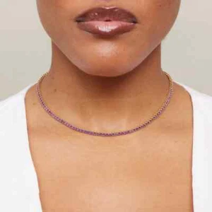 18K Gold Plated 3mm Round Cut Amethyst Tennis Choker Dainty Skinny Necklace - Picture 1 of 4