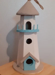 WOODEN LIGHTHOUSE ORNAMENT, HAND PAINTED, 20 x 25 x 5cm, white, blue & grey - Picture 1 of 1