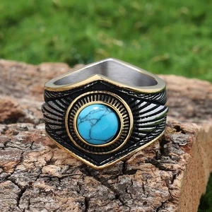 Mens Large Natural Turquoise Stone Ring Men Stainless Steel Size 7-15 - Picture 1 of 6