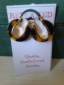 Gold Tone Faux Tortoise Shell Lucite Acrylic Oval Hoop Earrings - Picture 1 of 4