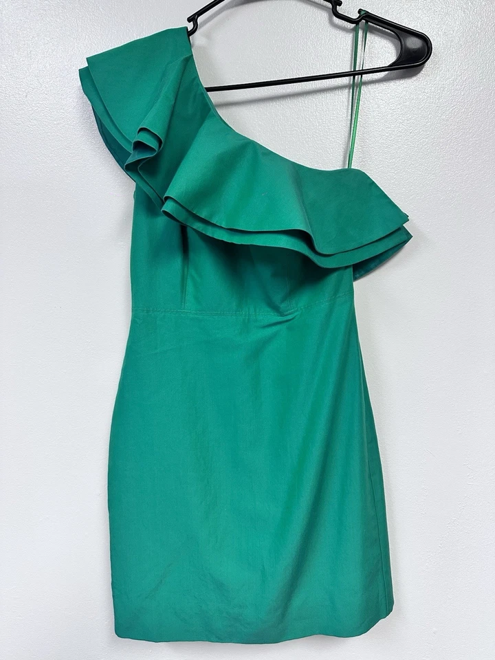 J. Crew Black Label Formal Green Cotton Silk One Shoulder Ruffle Mini Dress 00P - Image 1 of 4