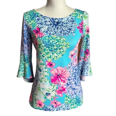 Lilly Pulitzer XS Fontaine Bell Sleeve Top Multi Special Delivery Floral Blue - Image 1 of 4