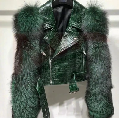 Abrigo chaqueta de piel de lujo 100 % cuero real con patrón de cocodrilo de diseñador para mujer Foto 1 de 4