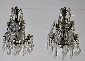 Pair 1920's Crystal 5 Candle Holders Wall Sconces - Picture 1 of 4