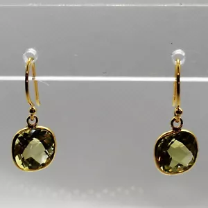 18KTYG/Sterling Silver .925 8.5 ctw Cushion Lemon Quartz Dangle Earrings- New - Picture 1 of 3