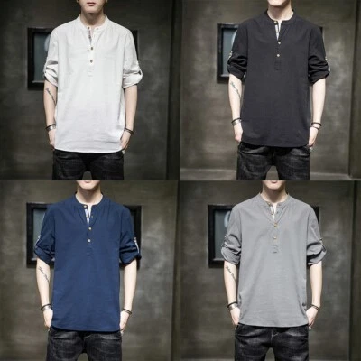 Men Cotton Linen Top Tee Shirt Roll Up 3/4 Sleeve Button Henley Neck T-shirt - Image 1 of 4