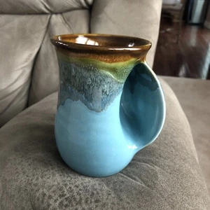 Neher 2014 Clay in Motion Signed Pottery Mug Hand Warmer Right-Handed Blue Drip - Picture 1 of 6
