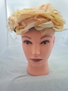 LOVELY 1960S SILK FLOWER HAT HAND MADE BLUSH YELLOW ROSES - Picture 1 of 11