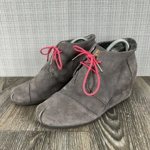Toms Ankle Wedge Booties Womens 10 Gray Suede Pink Lace Up Kala Desert Scrunched - Picture 1 of 15
